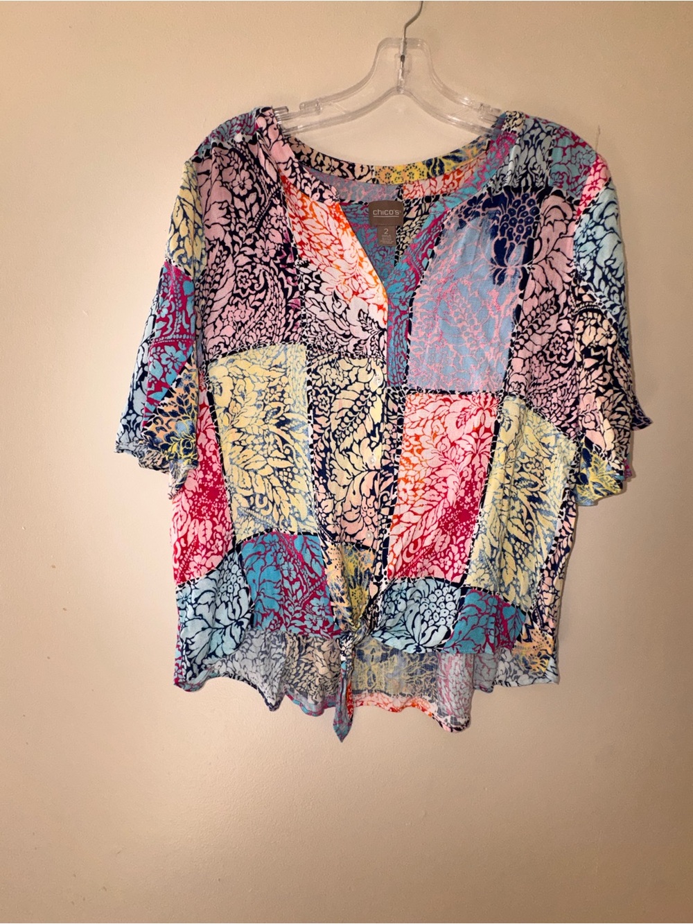 Chico’s colorful patchwork tie-front blouse size 2 / flowy boho top - Picture 2 of 5